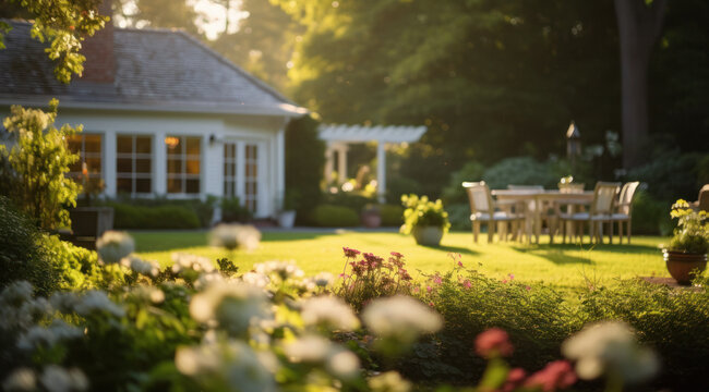 Home & Garden photo — Beautiful manicured, landscaped, exterior modern home and garden area with flowers, using short depth of field photography — flowers, grass, trees, modern house