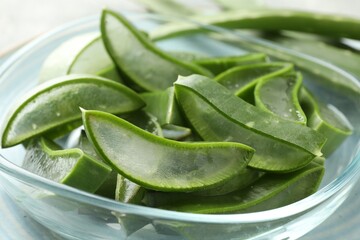 Fresh aloe vera slices in glass bowl, closeup