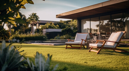 Home & Garden photo &mdash; Beautiful manicured, landscaped, exterior modern home and garden area with flowers, using short depth of field photography &mdash; flowers, grass, trees, modern house