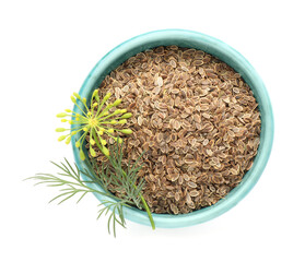 Bowl of dry seeds and fresh dill isolated on white, top view