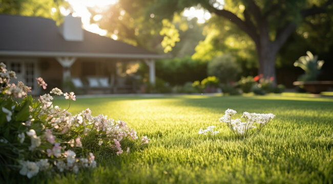 Home & Garden photo — Beautiful manicured, landscaped, exterior modern home and garden area with flowers, using short depth of field photography — flowers, grass, trees, modern house