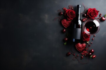 Bottle of wine and a glass of wine, beautiful flowers. Background for Valentine's Day. Weddings, Poster and banner.