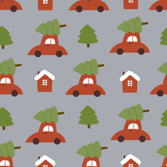 Seamless simple pattern with cartoon cars, christmas trees, decor elements. colorful vector. flat hand drawing. Baby design for fabric, print, gift wrapper.