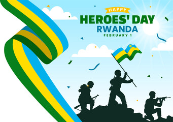 Rwanda Heroes Day Vector Illustration on February 1 with Rwandan Flag and Soldier Memorial who Struggled in National Holiday Cartoon Background