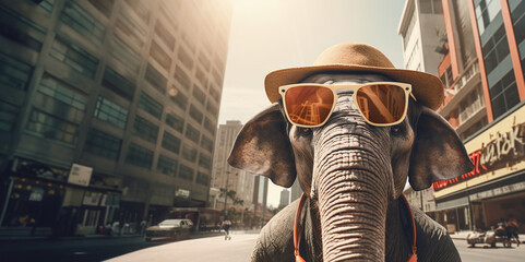 Elephant tourist in hat and sunglasses with an elephant in the city. - obrazy, fototapety, plakaty