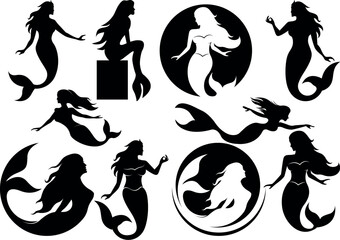 Mermaid clipart silhouette , black vector illustration design on white background - obrazy, fototapety, plakaty