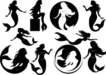 Fotobehang Mermaid clipart silhouette , black vector illustration design on white background © EssabryBusiness