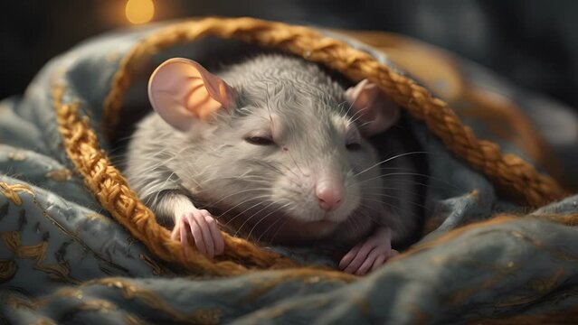 Closeup animation of a grey rat snuggled up in a warm blanket, fast asleep. .