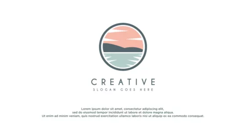 Fotobehang nature landscape logo design with lake,sea and meadow vector illustration © Wahyu
