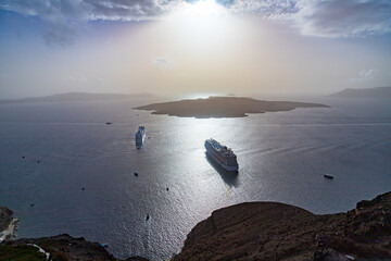 Two cruise ships anchored in Santorini, Greece