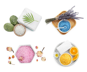 Different sea salt isolated on white, top view