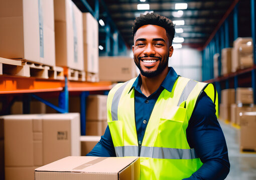 Portrait of smiling african american male warehouse worker holding box in warehouse. This is a freight transportation and distribution warehouse. Industrial and industrial workers concept