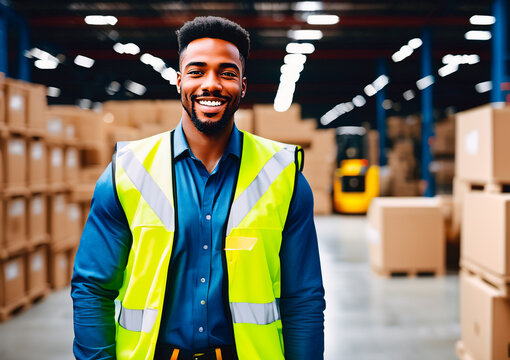 Portrait of happy young african american man working in warehouse. This is a freight transportation and distribution warehouse. Industrial and industrial workers concept.