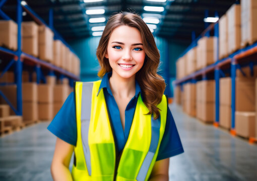 Portrait of happy young woman working in warehouse. This is a freight transportation and distribution warehouse. Industrial and industrial workers concept.