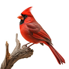 A vivid red cardinal bird perched on a top a tree branch isolated on transparent background