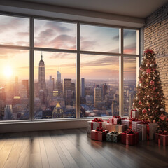 Christmas tree with gifts and a view of New York at sunset from the window. 3D rendering.
Merry Christmas and Happy New Year concept. 