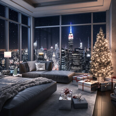 Christmas living room interior with a Christmas tree and presents. Panoramic window overlooking New York at night. 3D rendering. Merry Christmas and Happy New Year concept.
