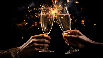 Close up of hands clinking glasses of champagne with sparkles on black background. New Year’s Eve. Merry Christmas and Happy New Year concept. 