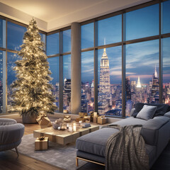 Christmas tree in the living room with a panoramic view of New York City.
Merry Christmas and Happy New Year concept. 