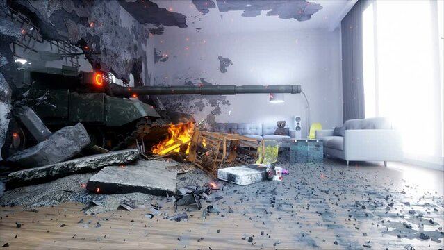 anti-war concept. military tank invaded in house. Realis3d rendering.