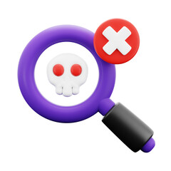 dangerous virus scan cyber security check with death skull symbol and magnifying glass 3d icon illustration render design
