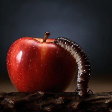 A worm eating an apple on a piece of wood. Generative AI.