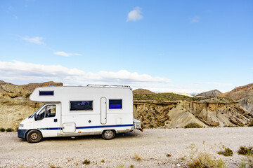 Camper rv in Tabernas desert nature, Spain