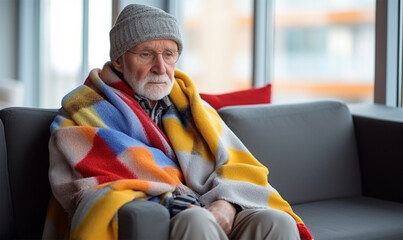An elderly man in a hat and coloured blanket is freezing on a sofa in an apartment. Concept of heating and cost of housing services.