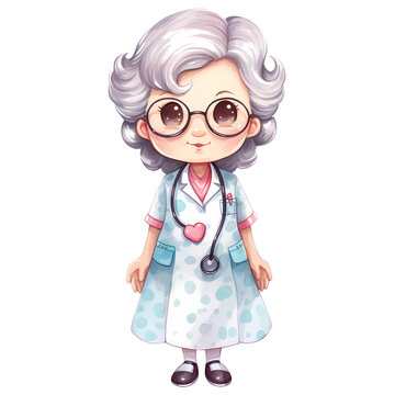 Cute Nurse Grandmother Watercolor Clipart Illustration
