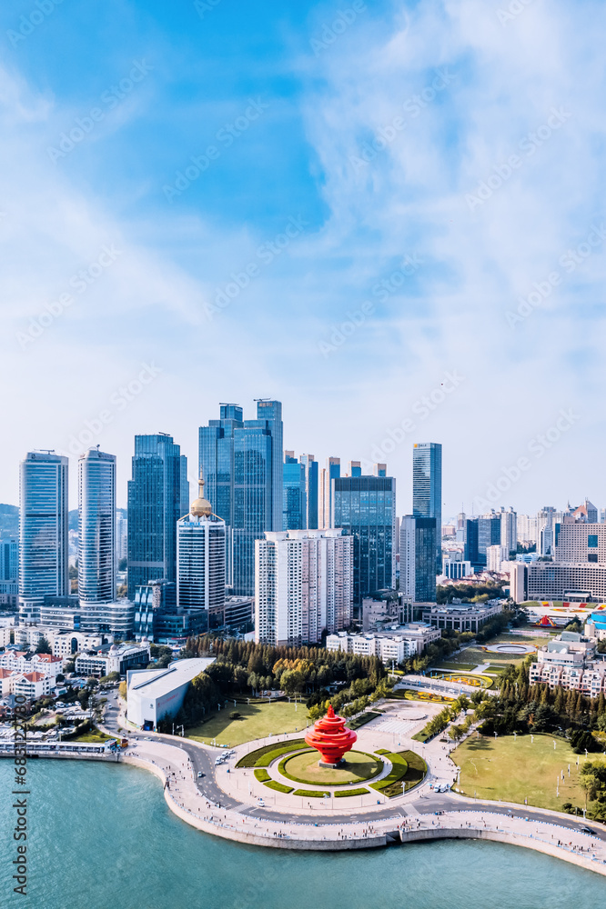 Wall mural aerial photography of the coastline and skyline of qingdao may fourth square, shandong, china