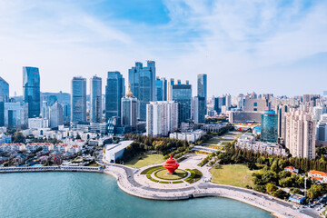 Aerial photography of the coastline and skyline of Qingdao May Fourth Square, Shandong, China