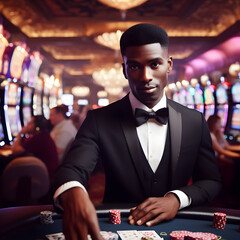 African-American man dressed in a tuxedo in the casino gambling. Generative AI