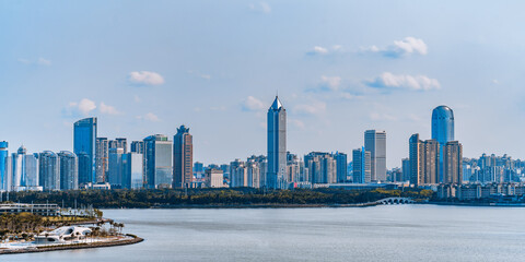 Coastline and yachts of CBD buildings in Haikou, Hainan, China