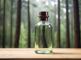 Obraz na płótnie Canvas plain cosmetic transparent glass bottle on a wooden table with a beautiful pine forest in the background. Mockup