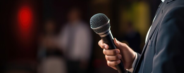 Blurred background, businessman speech, holding microphone talking in conference hall, seminar, speaker concept