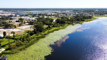From a bird's eye view, a verdant landscape unfolds, embracing a serene lake shimmering amidst the urban sprawl, painting a tranquil picture where nature and city seamlessly converge