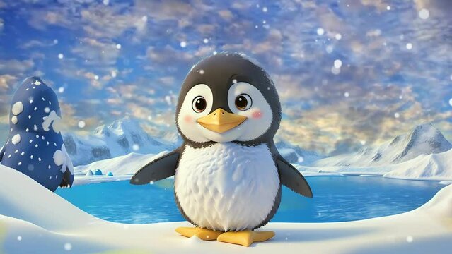 penguin in winter, Seamless Animation Video Background in 4K Resolution	