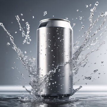 3D Metal cans for sweet soda or lemonade with splash and liquid drops on clear background. Realistic mockup empty aluminium can, silver bottles for fizzy drink with fruit juice. 3D render, ads