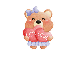 a cute teddy bear holding two hearts