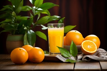 An early morning scene of a refreshing glass of freshly squeezed orange juice placed on a rustic wooden table, with a pile of ripe oranges and a manual juicer in the background