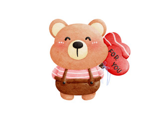 a cute brown bear holding a heart shaped balloon