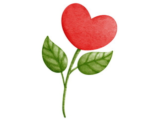 a red heart shaped flower with green leaves on a white background