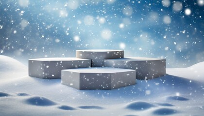 christmas gift box in snow, podium arrangement on a snowy plain, four platforms standing out against a backdrop of gentle snowfall and a cool blue sky,refined podium