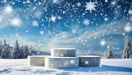 four pristine podiums arranged in a snowy field, the air filled with swirling snowflakes against a soothing blue sky harmonious podium 