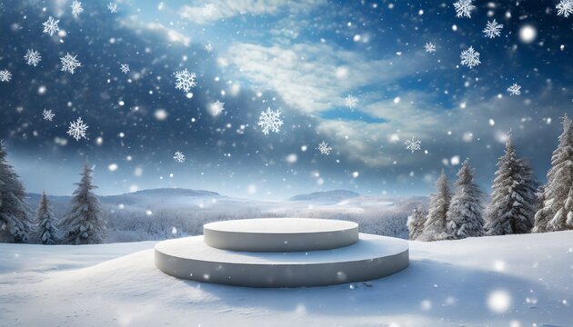 Majestic podium setup on a snow-covered landscape, three platforms gleaming white under a sky painted with falling snowflakes, majestic podium, landscape with snow covered trees
