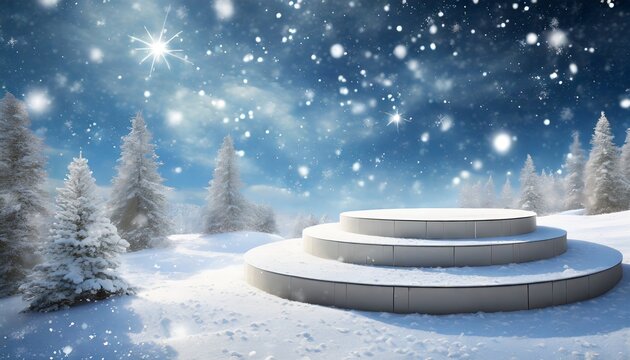 three platforms gleaming white under a sky painted with falling snowflakes, majestic podium, Majestic podium setup on a snow-covered landscape,