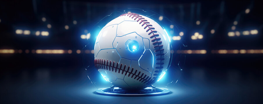 banner of baseball ball sports soccer, football , hand ball background poster in glossy futuristic design, glowing neon details mechanical digital look for cyber online gaming tournaments match play