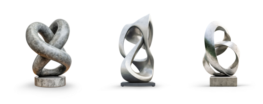 generic modern abstract decor sculpture in deferent chrome cement stone rose gold and glossy materials for home or public park area or decoration concepts isolated on transparent png background