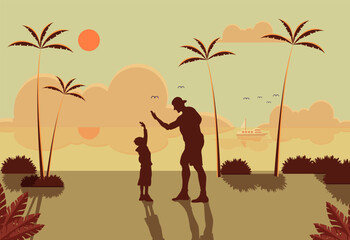 Silhouette father and his son high five gesture in the beach. Sunset beautiful background. Vector Illustration. 