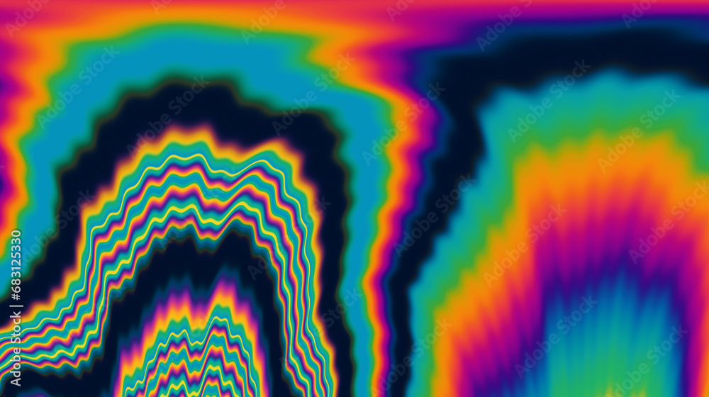 Poster vibrant and trippy backdrop adorned with neon-hued glitched patterns, enhanced by a captivating pola